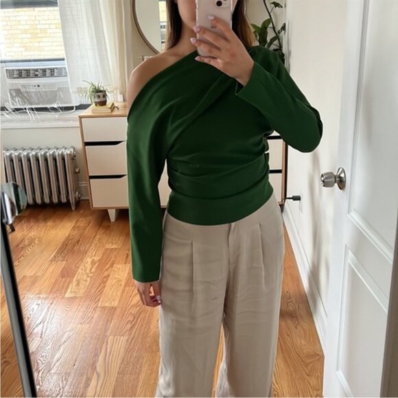 ZARA Draped Off The Shoulder Blouse Top Emerald Green Size Small NWT - Picture 4 of 13
